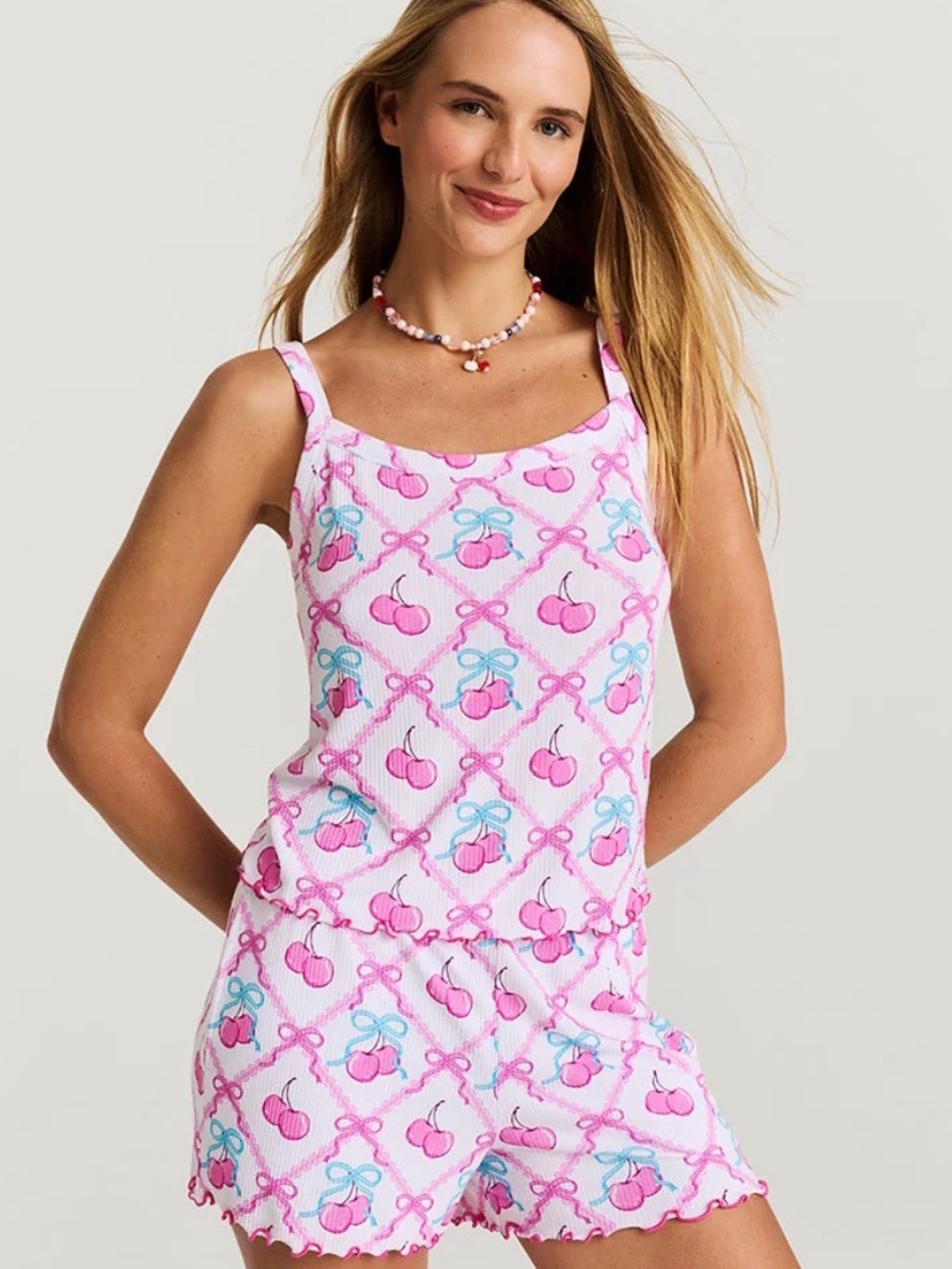 Posh Peanut Pink Cherry-Print Womens Sleep Tank & Shorts Set